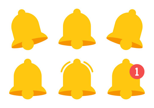 Notification bell in flat style on white background. Yellow notification icon set. Sound symbol isolated. Vector illustration