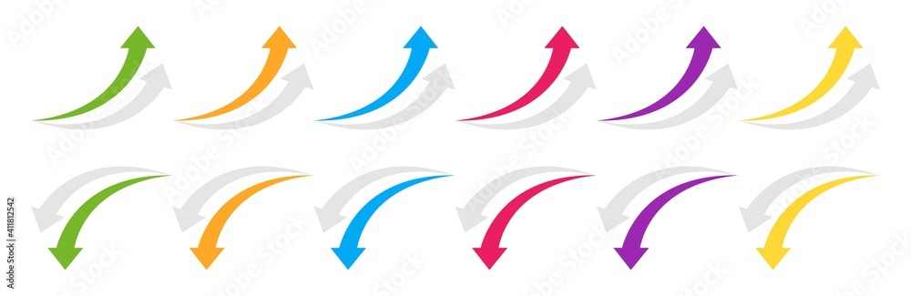 Poster curved arrow up and down. colored arrow with shadow. collection curved arrows in flat style. vector 