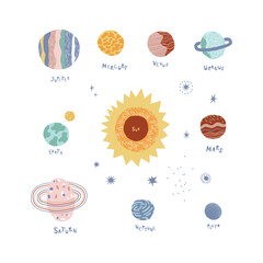 Solar system planet vector clip art set isolated on white background. Celestial bodies graphics for kid. Cosmic design elements collection 