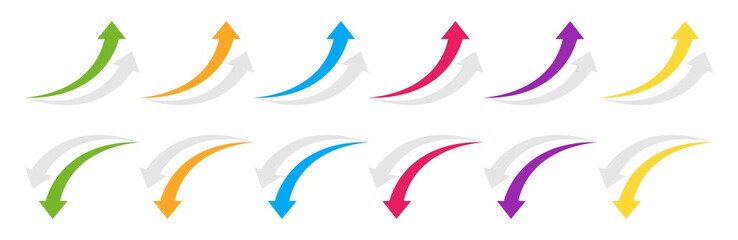 Curved arrow up and down. Colored arrow with shadow. Collection curved arrows in flat style. Vector graphic elements.