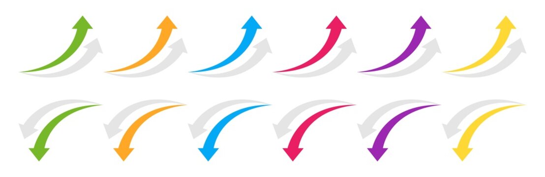 Curved Arrow Up And Down. Colored Arrow With Shadow. Collection Curved Arrows In Flat Style. Vector Graphic Elements.