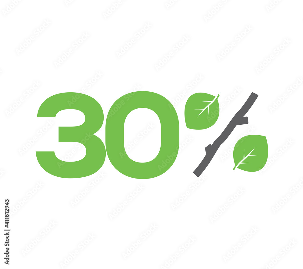 Canvas Prints Vector green 30% text designed with leaves and a stick (branch) percent icon isolated on white background. For spring sale campaigns. 