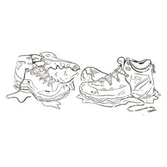 Hand drawn, single colour vector illustration of two sets of muddy hiking boots.