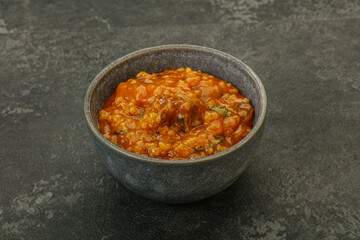 Traditional Georgian Kharcho soup with meat