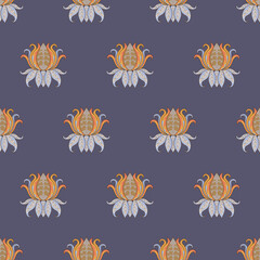 Ethnic Lotus Flower On blue Background Vector Seamless Pattern