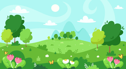 Spring landscape with trees, mountains, fields, flowers. Vector illustration.