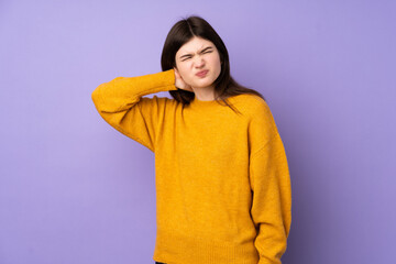 Fototapeta premium Young Ukrainian teenager girl over isolated purple background with neckache