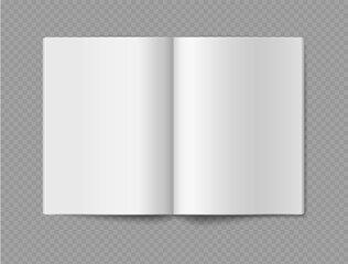 Empty book mockup. Opened 3d realistic booklet or brochure soft cover, journal or magazine template, blank white paper sheets, vector single object isolated on transparent background