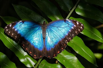 Morpho peleides, Peleides blue morpho, tropical butterfly with blue wings on the green leaf, selective focus