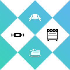 Set Candy, Piece of cake, Croissant and Oven icon. Vector.