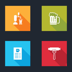 Set Beer tap with glass, Wooden beer mug, menu and Sausage on the fork icon. Vector.