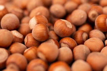 Hazelnuts. Stack of hazelnuts. Food background. Hazelnut background