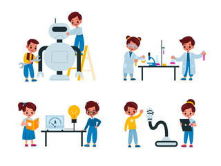 Children laboratory. Young scientists conduct research, kids in special lab coats assembling robot, work with chemicals, experiments with reagents. Science and education vector isolated set