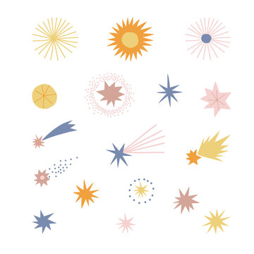 Star and comet vector clip art set. Cosmic starry design elements isolated on white. Abstract geometric space clip-art. Celestial doodle and paper cut shapes collection for kid and baby