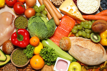 Different products as background, top view. Healthy food and balanced diet