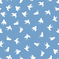 Fototapeta premium Seamless pattern with white swallow silhouette on blue background. Cute bird in flight. Vector illustration. Doodle style. Design for invitation, poster, card, fabric, textile.