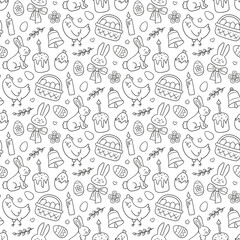 Cute Easter doodle seamless pattern with bunny, basket, easter eggs, cakes, chicken, willow twigs and candles. Vector hand drawn illustration on white background