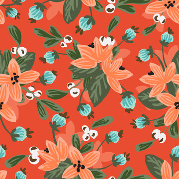 Crimson flower land seamless vector pattern. Lovely hand-painted floral pattern in peach green, blue on bright red. Great for home décor, fabric, wallpaper, gift-wrap, stationery, and design projects.
