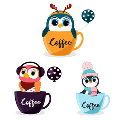 Cute cartoon an animals in cup. Perfect for greeting cards, party invitations, posters, stickers, pin, scrapbooking, icons. Birthday concept. Set of a cartoon birds
