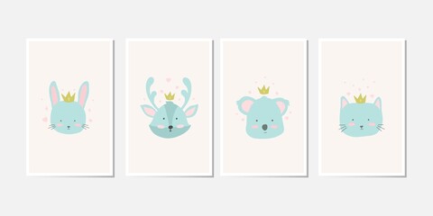 Set of cute animal poster for nursery. Kids posters with little rabbit, deer, koala and cat vector illustration