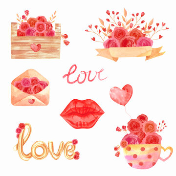 set of watercolor elements for the holiday. valentine's day, love, anniversary