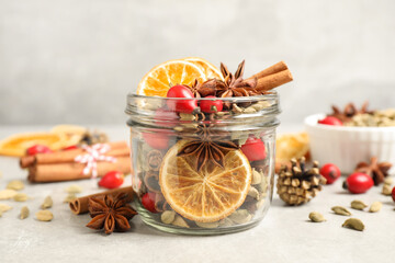 Aroma potpourri with different spices on white table