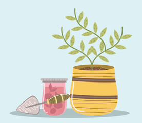 home garden plant in pot juice and shovel tool