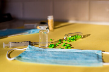 Development and creation of coronavirus vaccine COVID-19 .Coronavirus Vaccine concept in hand of doctor blue vaccine jar. Vaccine Concept of fight against coronavirus.
