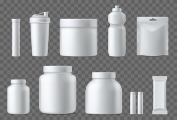 Sport nutrition containers. Realistic blank white plastic packaging mockups collection. Superfood, whey protein powder, vitamins and energy drinks. Sports supplements. Vector 3d set