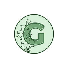 Green letter G logo design with vines on the side. Vector logo illustration concept.