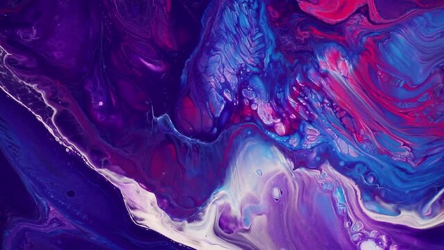 Fluid art drawing footage, abstract acrylic texture with colorful waves. Liquid paint mixing backdrop with splash and swirl. Detailed background motion with purple, pink and blue overflowing colors