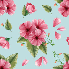 Bouquet of pink flowers with green leaf seamless pattern. Leaves, petals, buds isolated on white background. Natural wallpaper. Spring feminine ornament for print