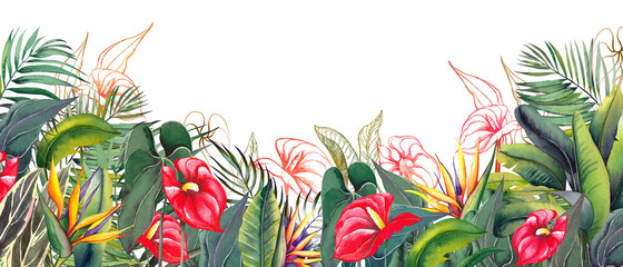 Fototapeta na wymiar Floral border with exotic anthurium flowers and green tropical foliage.