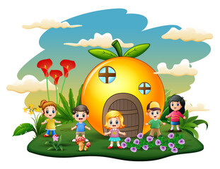 Obraz na płótnie Canvas Orange house with happy children illustration