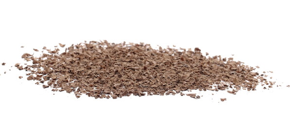 Chocolate shavings, grated flakes pile isolated on white background