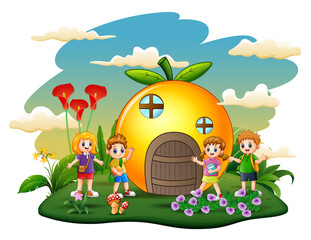 Obraz na płótnie Canvas Orange house with school kids cartoon style on white background