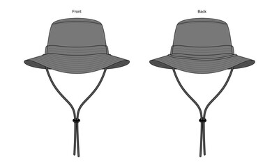 Gray Bucket Hat With Cord and Stopper Toggle Template Vector On White Background.Front and Back View. © Sansom