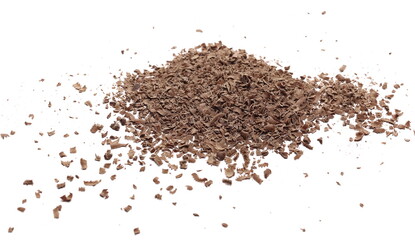 Chocolate shavings, grated flakes pile isolated on white background