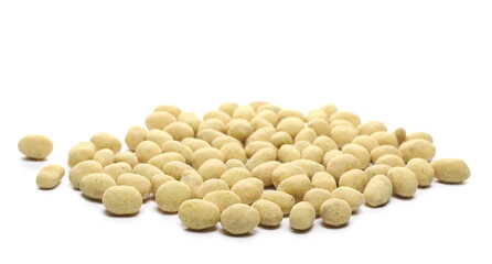 Sour cream and onion flavored peanuts pile isolated on white background
