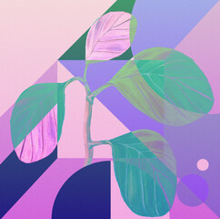 Geometric digital composition on hand painted watercolor of leaves. Geometric art for print, banners, wallpapers and backgrounds. Greens and pinks color tones and copy space for text.