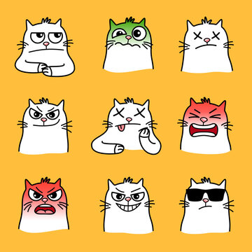 Angry cats smiles. Cartoon emoticons of home animal with big eyes, creative graphic images emotions of pets, vector illustration of evil and cool cats isolated on yellow background