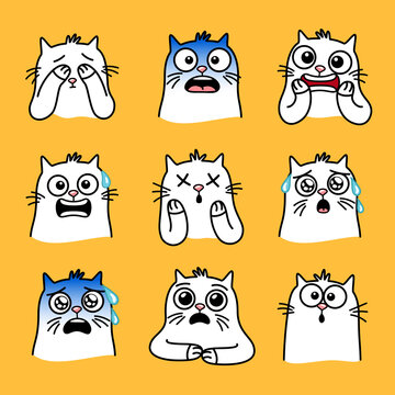 Surprised kitty set. Cartoon creative emoji of cats, graphic images of amazed pets, vector illustration emotions of funny cat isolated on yellow background
