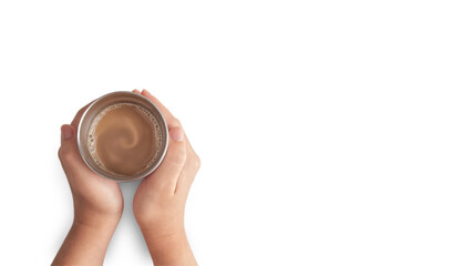 Hands holding thermos cup stainless steel with Hot coffee (Top view), Isolated on white background with copy space.