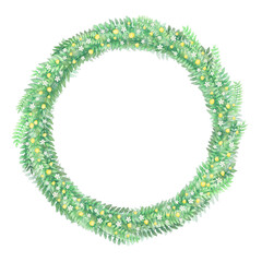 グリーンリース　白い花々と黄色い花のフラワーリース