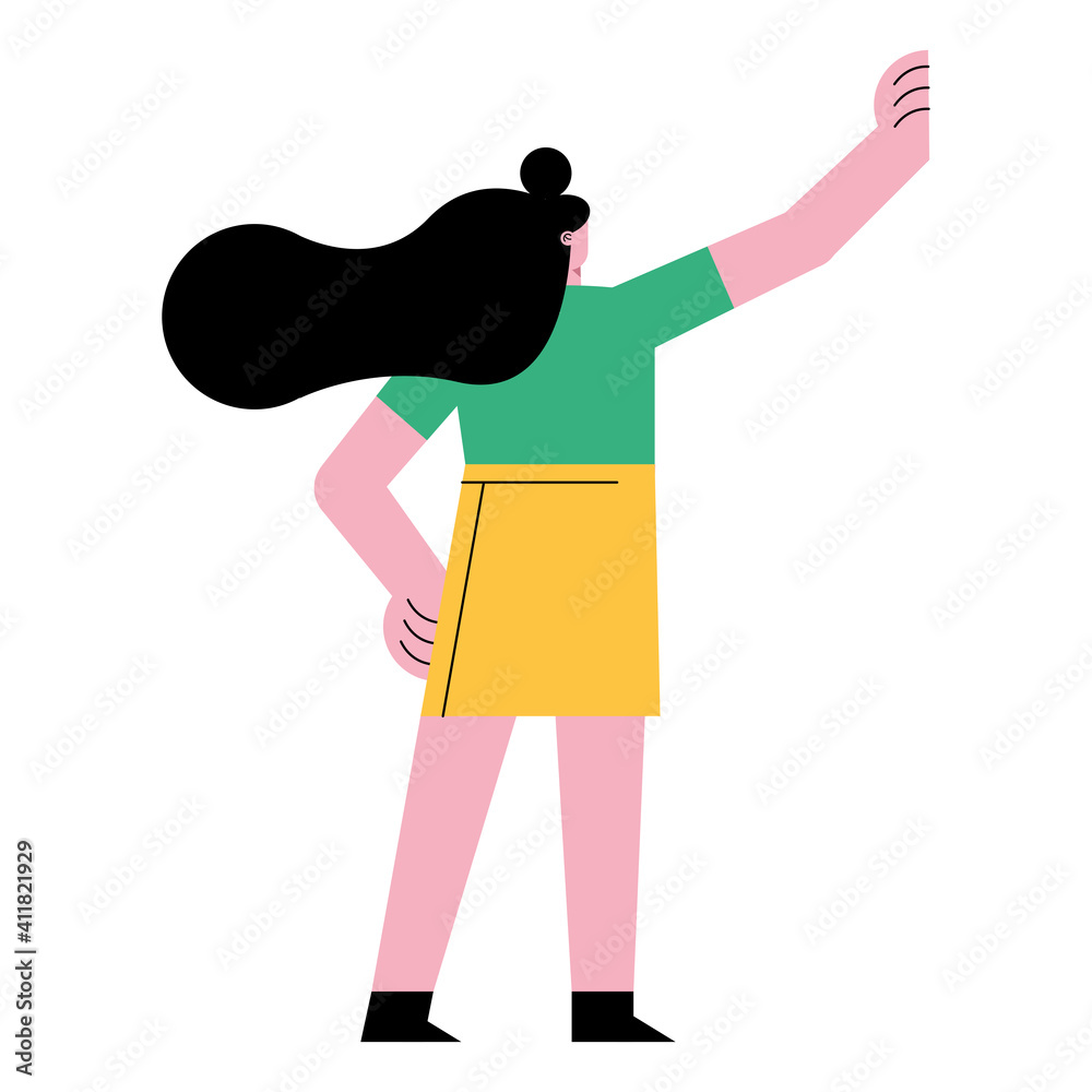 Poster young woman lifting hand character