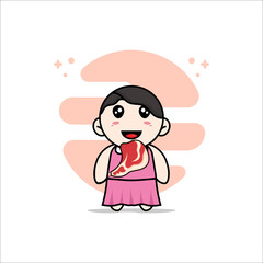 Cute girl character holding a meat.