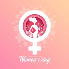 International women day banner - woman Raised Fist and butterfly flying on flower park in white female symbol vector design
