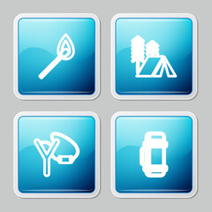 Set line Burning match with fire, Tourist tent, Slingshot and Thermos container icon. Vector.
