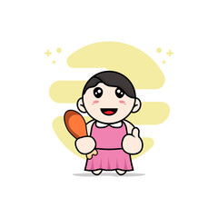 Cute girl character holding a chicken meat.