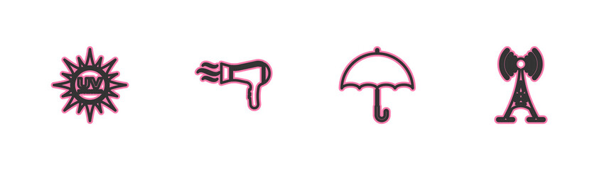Set line UV protection, Umbrella, Hair dryer and Antenna icon. Vector.